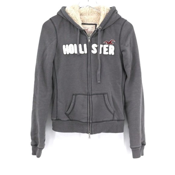 Hollister Tops - HOLLISTER Womens Gray Logo Applique Full Zip Hooded Jacket Sherpa Lined Size M